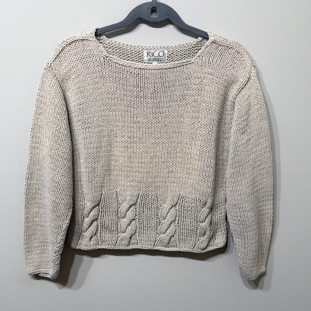 Rico Women S/M Oatmeal Beige 100% Cotton Chunky Cable Knit Boat Neck Sweater